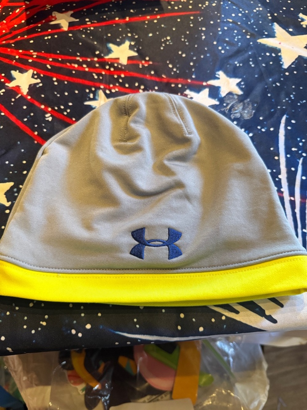 Under Armour Gray Beanie with Yellow Hem and Navy Logo. Like new